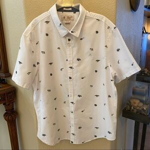 PENGUIN Men White Slim Fit Safari Animal Print Button Short Sleeve Shirt- XXL